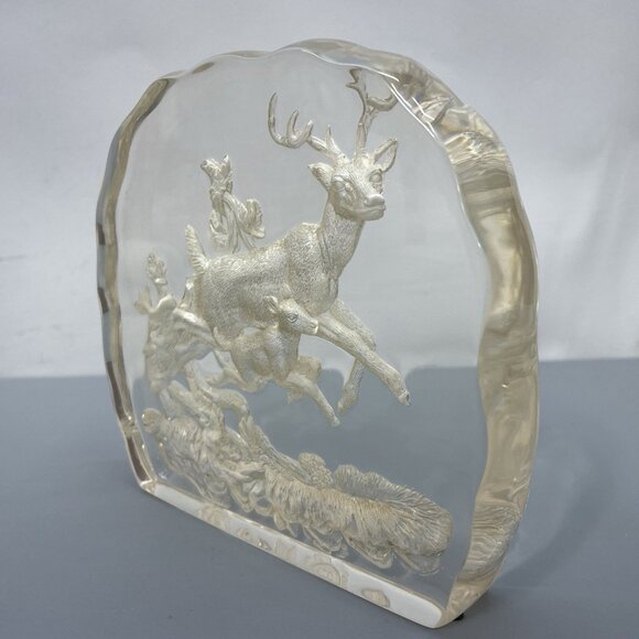 Vintage Deer Fawn Etched Sculpture Block Clear Lucite Acrylic Plastic Collection - Picture 6 of 13